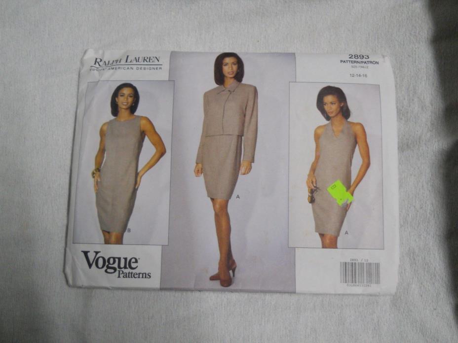 Vogue American Designer #2893 Ralph Lauren Linen Dress & Jacket Pattern 12 14 16