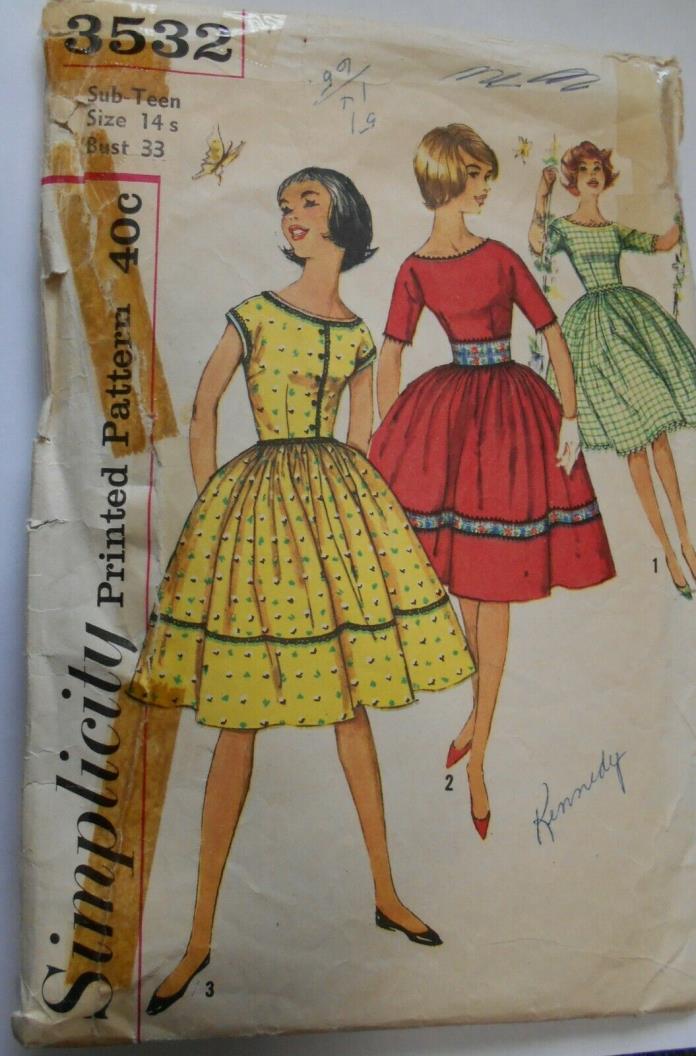 Vintage Simplicity Sewing Pattern #3532 Teen Size 14 Rockabilly Dress Full Skirt