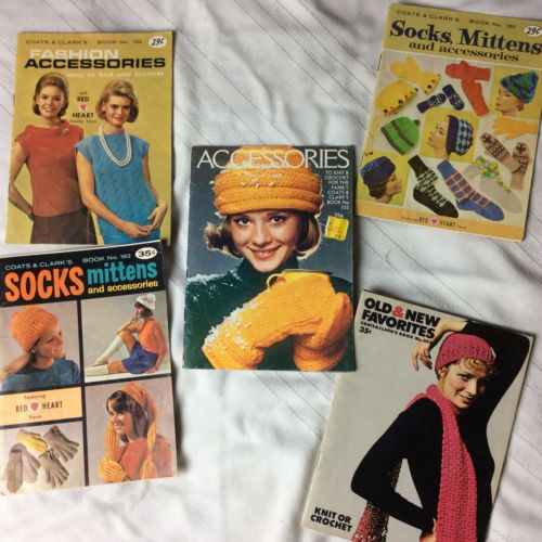 5 1960s Knit & Crochet Pattern Books Pamphlets Socks Mittens Poncho Accessories
