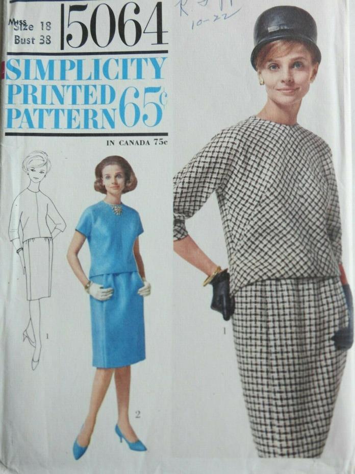 Vtg.Simplicity Sewing Pattern 5064 Misses Two-Piece Dress Size 18 Uncut