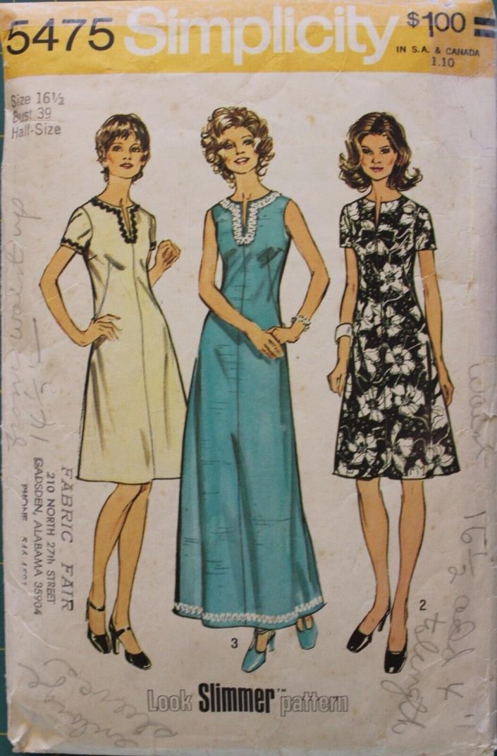 Simplicity 5475 ©1972 Women's 16-1/2 Sewing Pattern-Dress in 2 Lengths