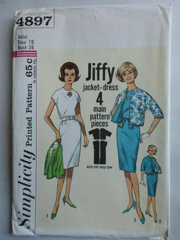 Vtg. One Piece Jiffy Dress and Jacket Simplicity Pattern 4897 Size 18 Uncut