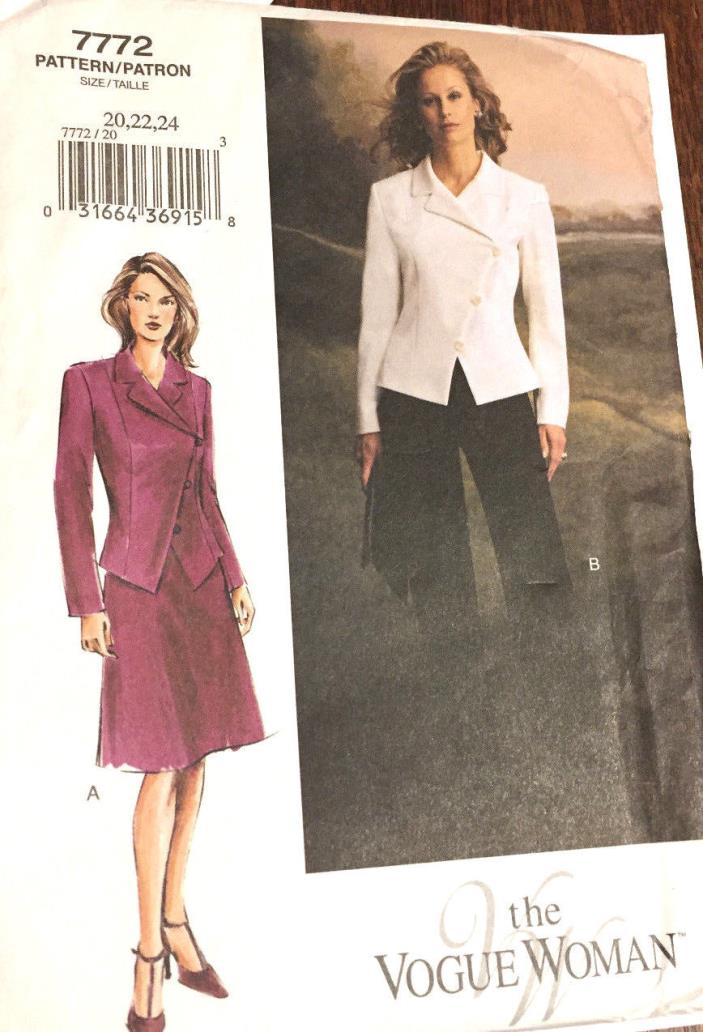 Vogue Woman 7772 Miss Jacket Skirt Pants Size:20 22 24 Vintage Uncut Sew Pattern