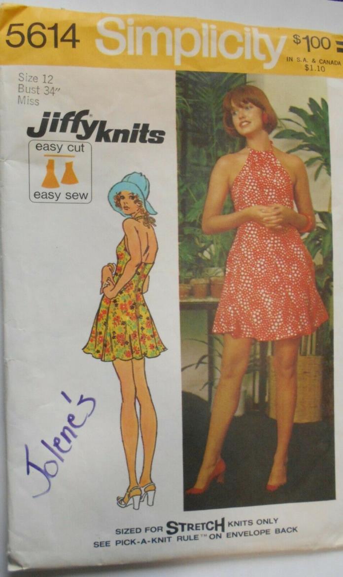 Vintage 1973 Simplicity Sewing Pattern #5614 Miss Size 12 MOD Halter Mini Dress