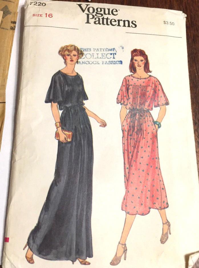 Vogue 7220 Misses DRESS & Belt Loose Fit Flared Sleeves Size 16 Sew Pattern VTG