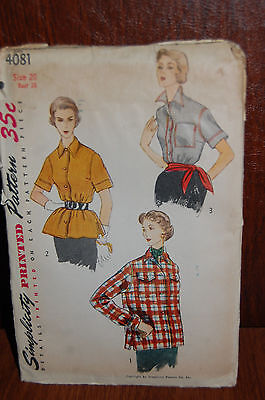 UNCUT Simplicity Vintage 50s Sewing Pattern sz 20 Bust 38 BLOUSE OVERBLOUSE 4081