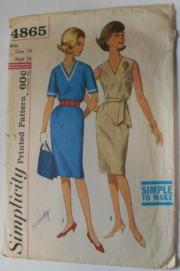 Vintage Simplicity Sew Pattern #4865 Miss Size 14 Formal Sheath Dress V Neck