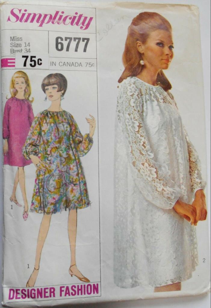 Vintage Simplicity Sew Pattern #6777 Mod Retro Miss Size14 Formal Mod Mini Dress