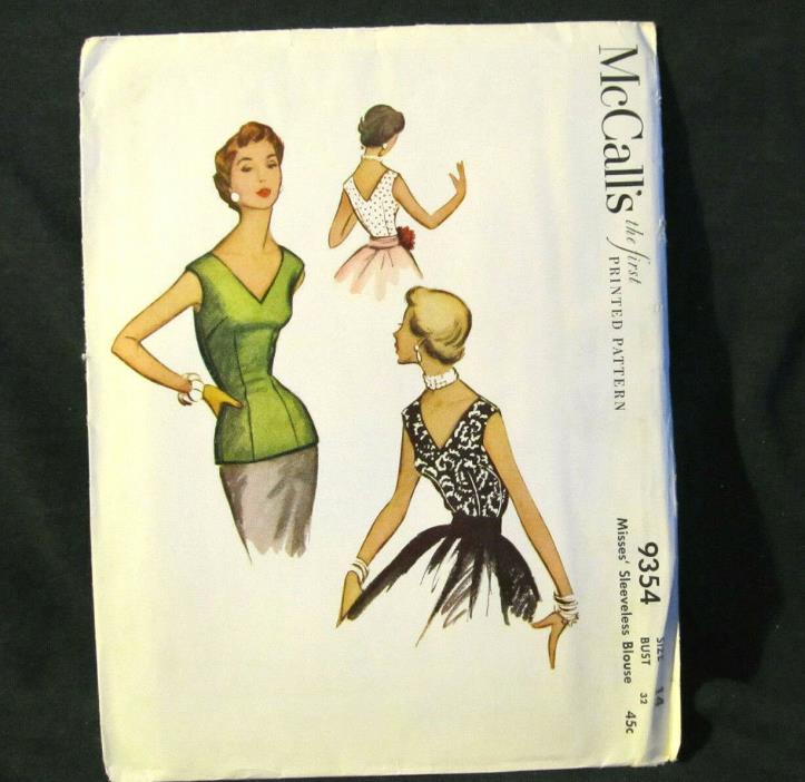 Vintage Sewing Pattern Sleeveless Blouse Size 14 V Neck Back Top McCalls 9354