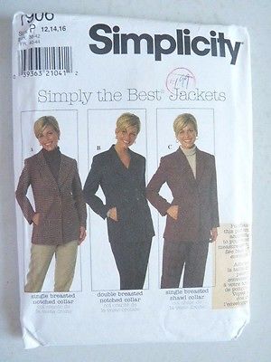 Simplicity Sewing Pattern 7906 Simply the Best Jackets Size 12 14 16 Uncut
