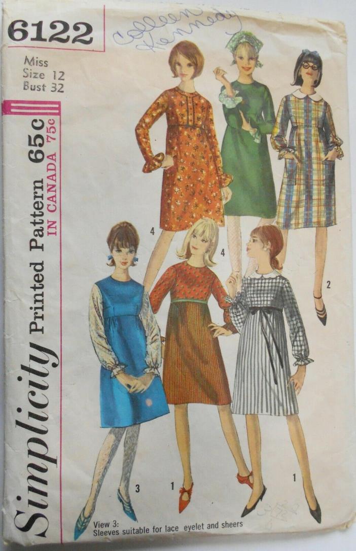 Vintage Simplicity Sew Pattern #6122 Mod Retro Miss Sz12 Granny Style Mini Dress