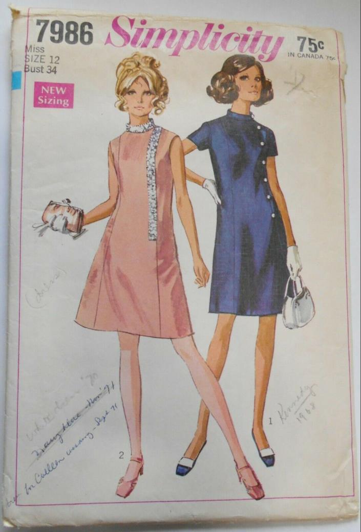 Vintage 1968 Simplicity Sewing Pattern #7986 Misses Size 12 Retro Mod Dress