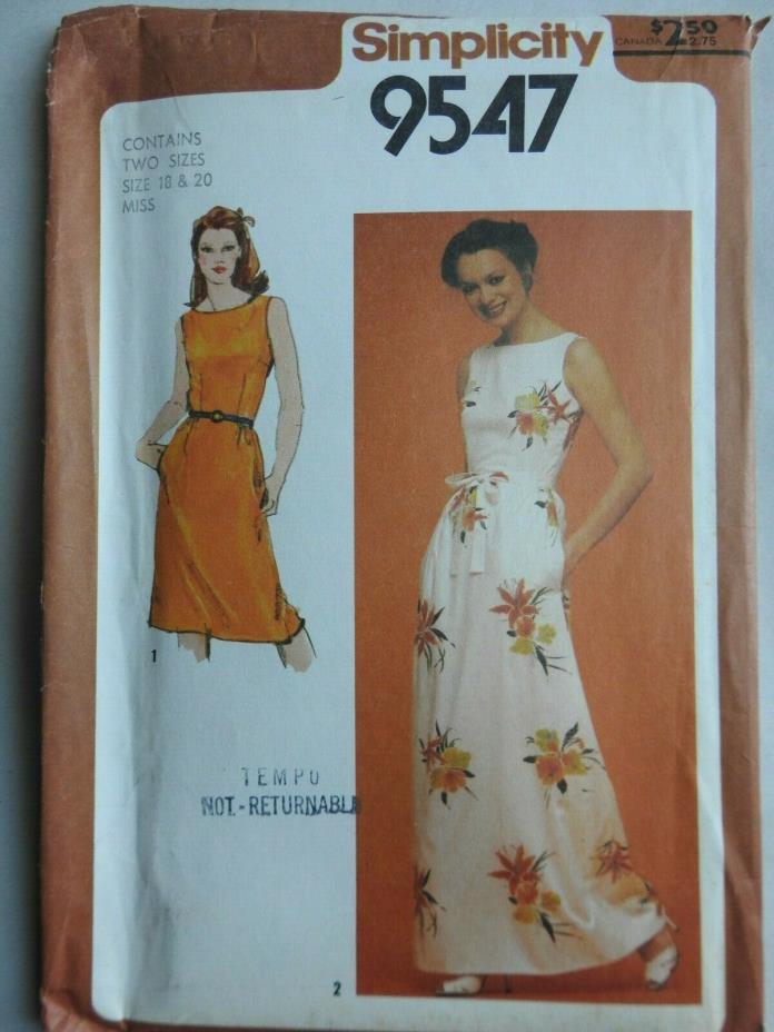 Vtg. 1980 Simplicity Misses Fitted Dress Sewing Pattern 9547 Size 18-20 Uncut