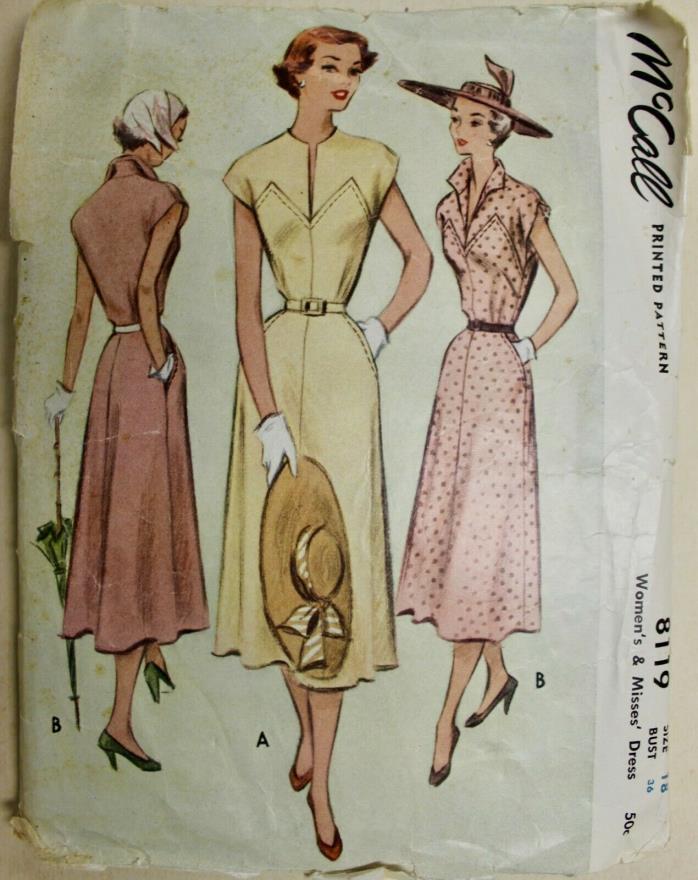 Vtg 1950 Sewing Pattern McCall #8119  Womens A Line Dress Bust 36 Sz 18
