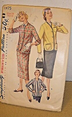 Vintage Simplicity Pattern #1475 - Misses 2 Piece Suit -13 Pieces - Size 14