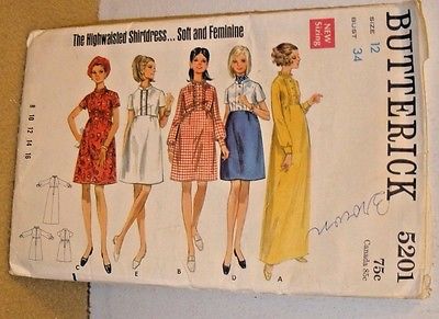 Vintage Butterick Pattern #5201 - One-piece Dress - 12 Pieces - Size 12