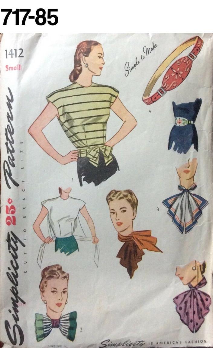 Vtg Sewing Pattern Simplicity #1412 Size Small Accessory Set 1949 Belt Transfer
