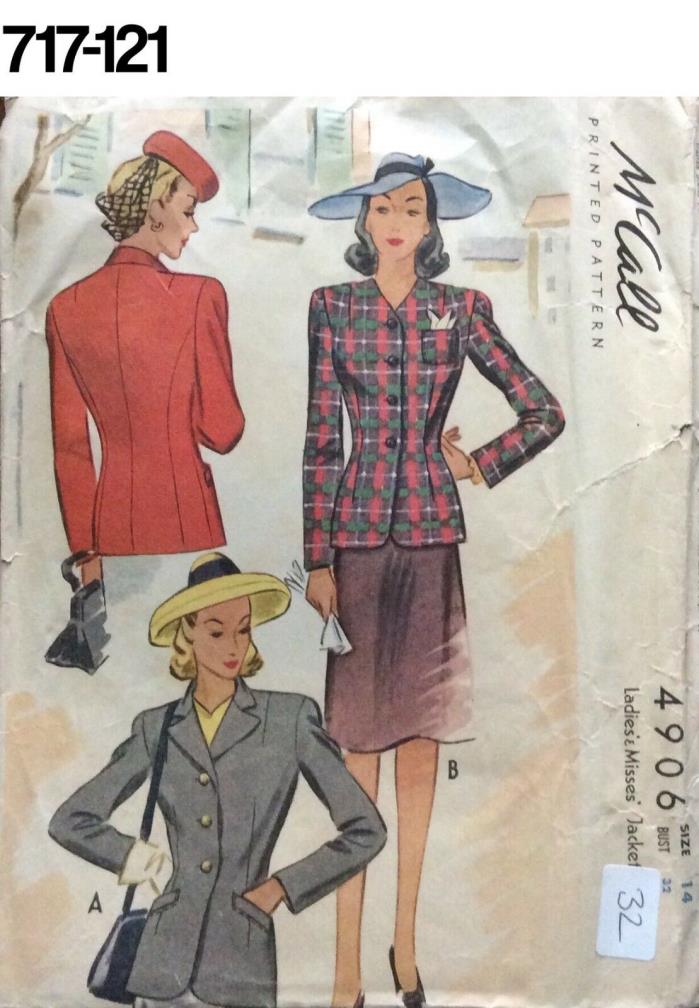 VTG Sewing Pattern McCalls #4906 Size 14 Bust 32 Blazer Jacket  Early 1940s