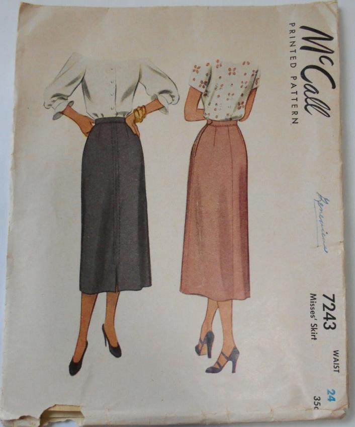 Vintage McCall's Sewing Pattern #7243 Miss Size Waist 24 Hip 33 Straight Skirt