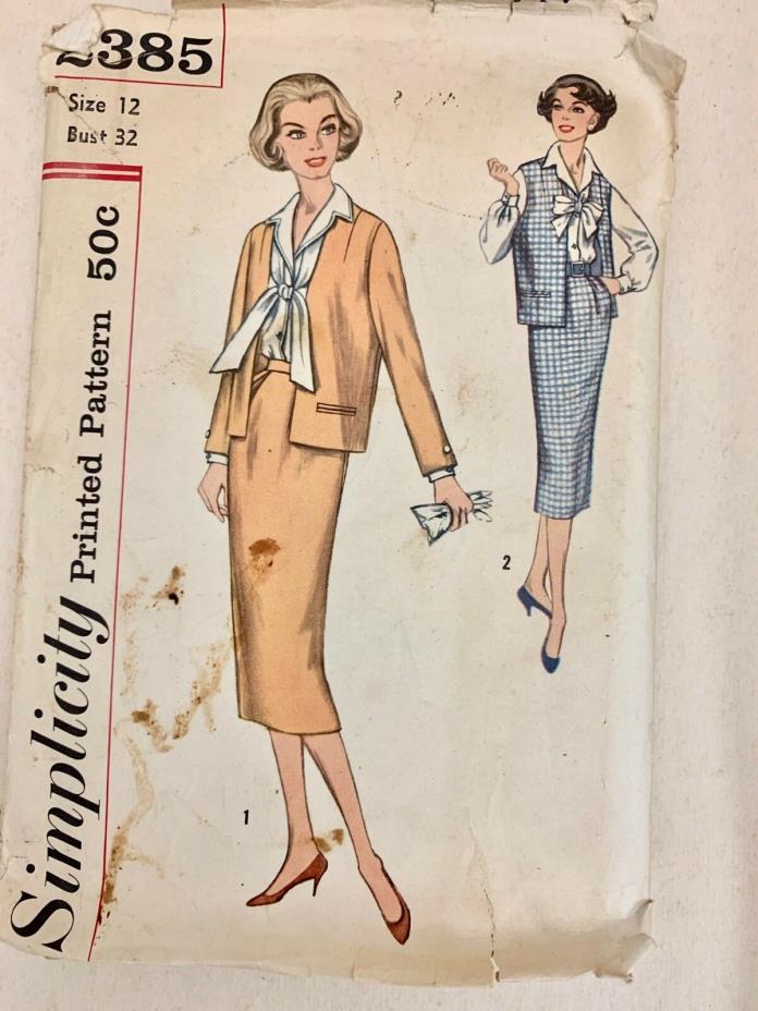 VTG Sewing Pattern Simplicity #2385 Size 12 Bust 32 Skirt, Blouse,Jacket 1957