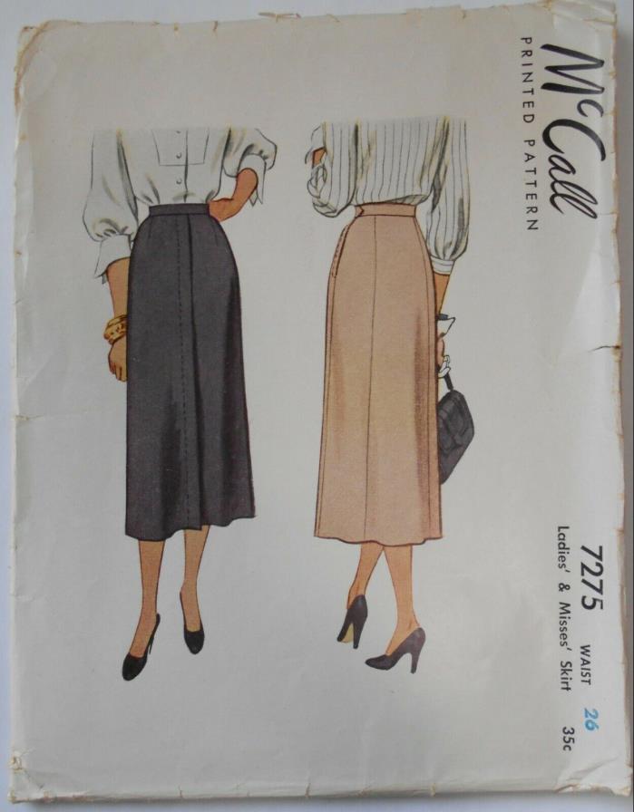 Vintage McCall's Sewing Pattern #7275 Miss Size Waist 26 Hip 35 Straight Skirt
