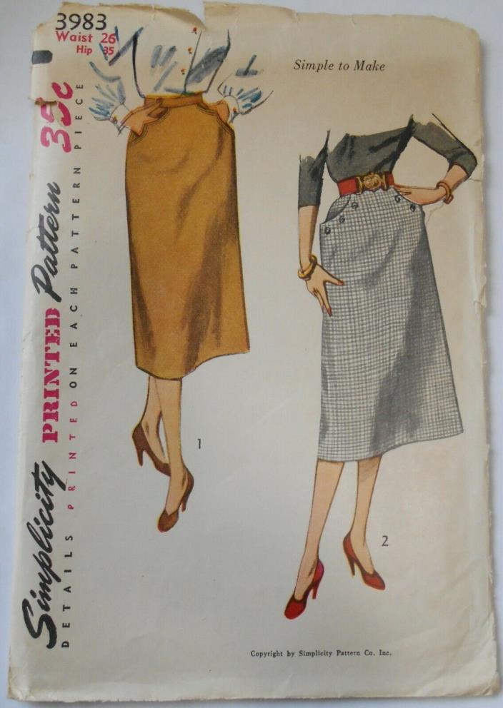 Vintage Simplicity Sewing Pattern #3983 Miss Size Waist 26 Hip 35 Skirts 2 Style