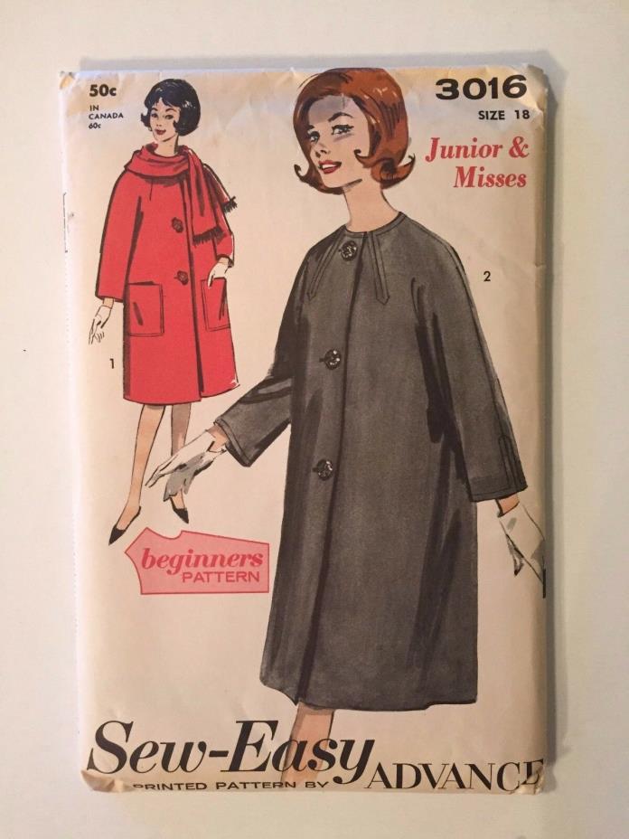 Vintage Womens Misses Junior Coats Sew-Easy Advance 3016 Uncut Pattern Size 12