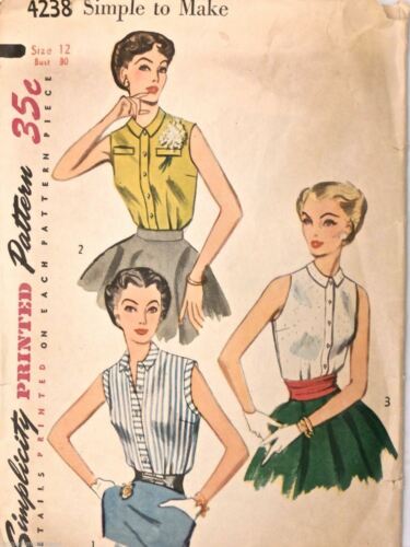 Vintage 1950s Sewing Pattern Simplicity #4238 Blouse Simple Size 12 Bust 30