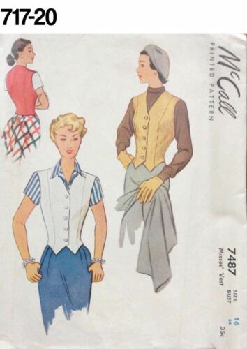 VTG 1950s Sewing Pattern Simplicity #7487 Size 16 Bust 34 Misses' Vest Waistcoat