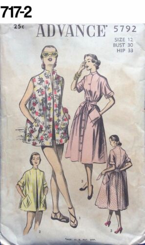 VTG 1950s Sewing Pattern Advance #5792 Size 12 Bust 30 Hip 33 Beach Coat, Dress