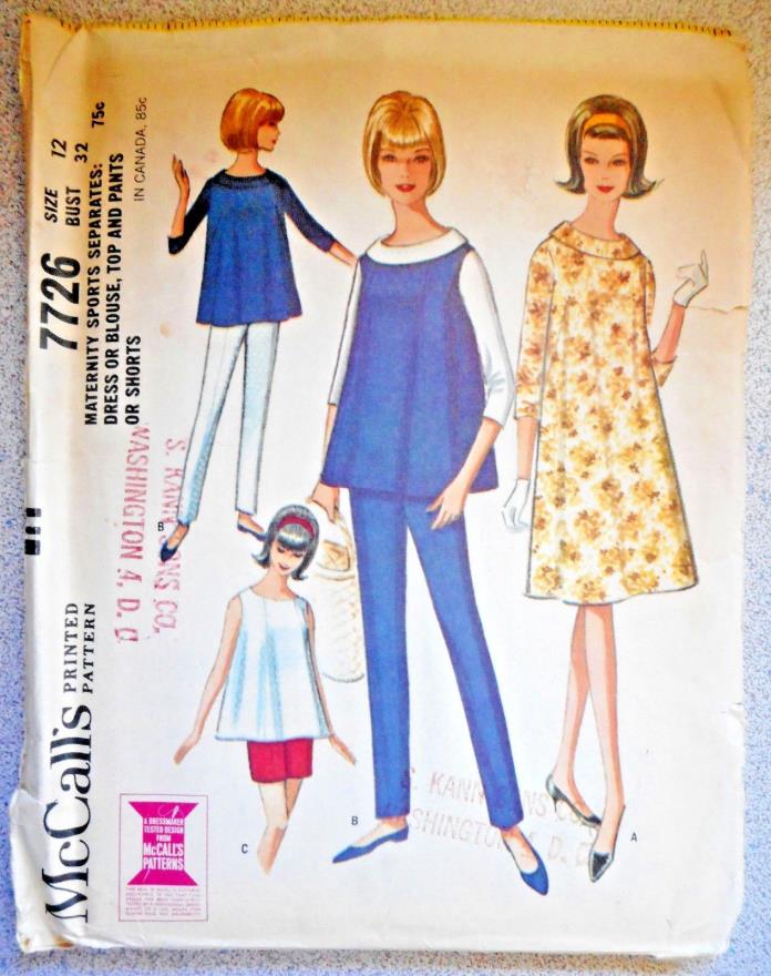 Vintage 60's  McCalls Pattern 7726 Maternity top dress slacks Size 12 Bust 32