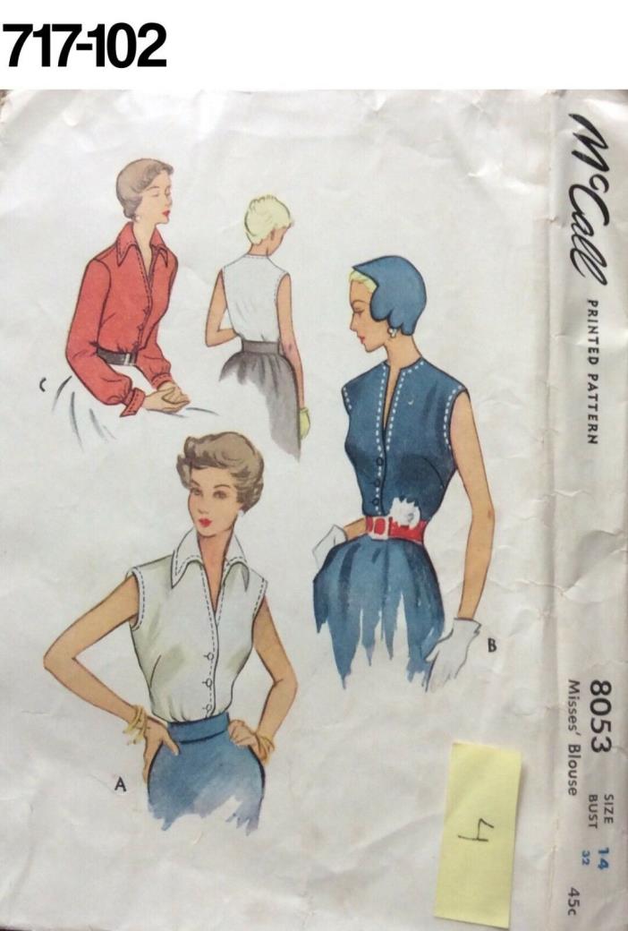 Vintage Sewing Pattern McCalls #8053 1950 Blouse Pattern Complete