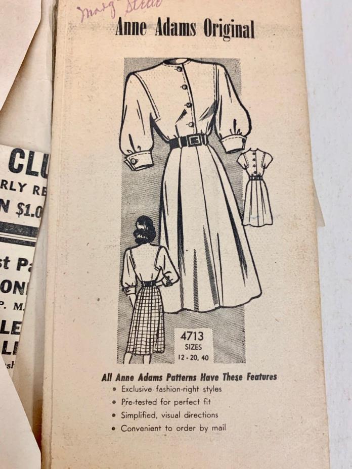 Vtg Sewing Pattern Anne Adams #4713 Size 14 Dress 1940s Complete UNUSED