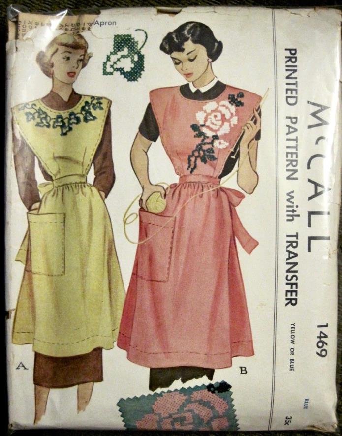 Vintage 1949 McCall Ladies Full Cover Apron & Embroidery Transfer Pattern One Sz