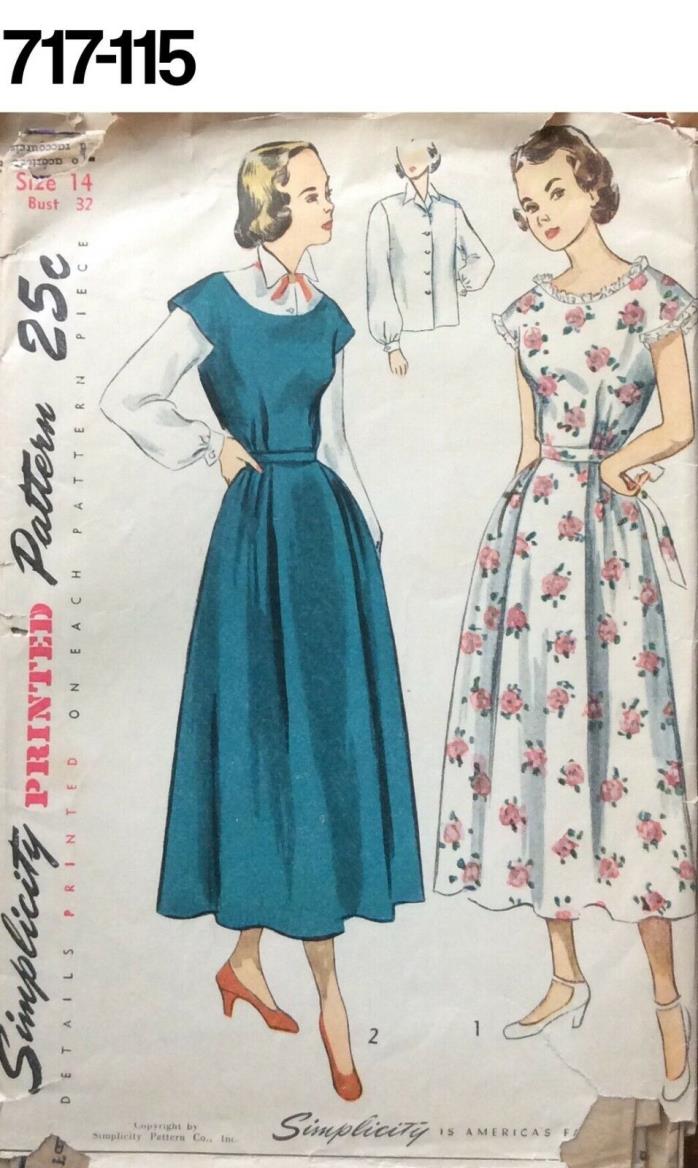 VTG Sewing Pattern Simplicity #2852 Size 14 Bust 32 Maternity Dress, Jumper 1949