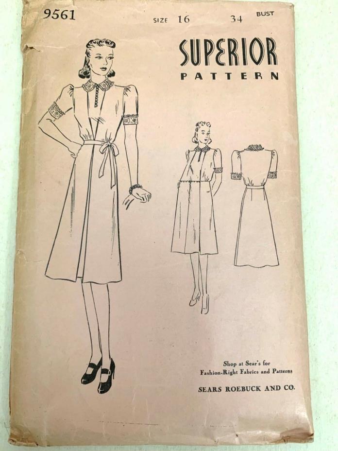 Vtg Sewing Pattern Superior Pattern #9561 Size 16 Bust 34 Dress 1940s