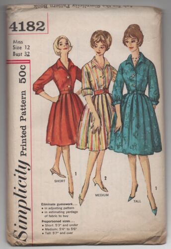 Vtg 1960s Shirtwaist Dress Simplicity Sewing Pattern 4182 Bust 32 Sz 12