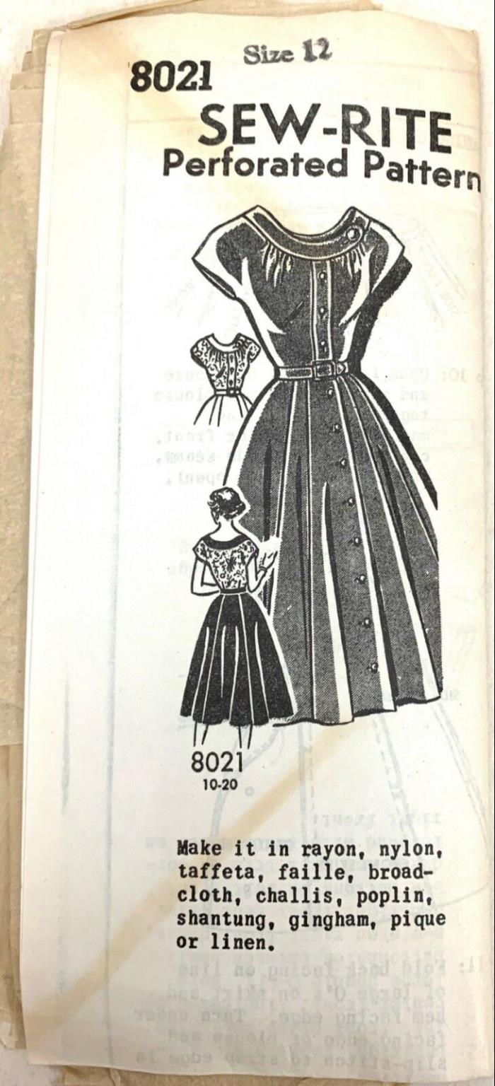 VTG Sewing Pattern Sew-Rite #8021 Size 12 Dress 1950s Complete