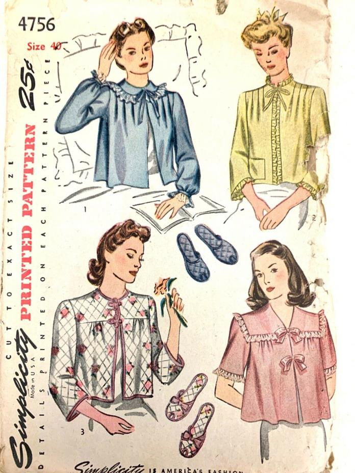 VTG Sewing Pattern Simplicity #4756 Size 40 Bed Jacket and Slipper Set 1940s