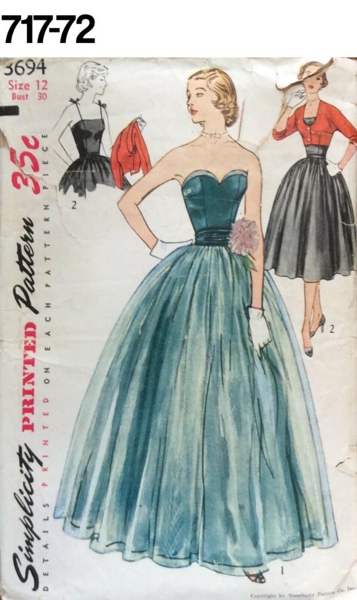 VTG Sewing Pattern Simplicity #3694 Size 12 Bust 30 Dress ,Bolero 1951