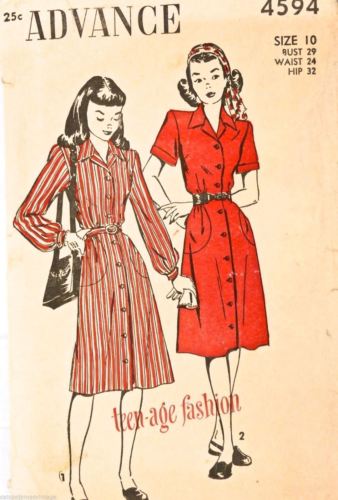 Vintage 1940s Sewing Pattern Advance #4594 Dress Size 10 Bust 29 Waist 24 Hip 32