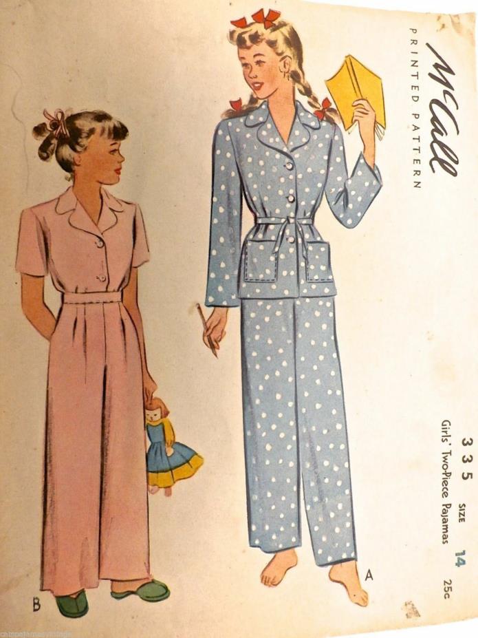 Vintage 1940s Sewing Pattern McCall's #335 Girl's Pajamas SZ 14 ( Girls)