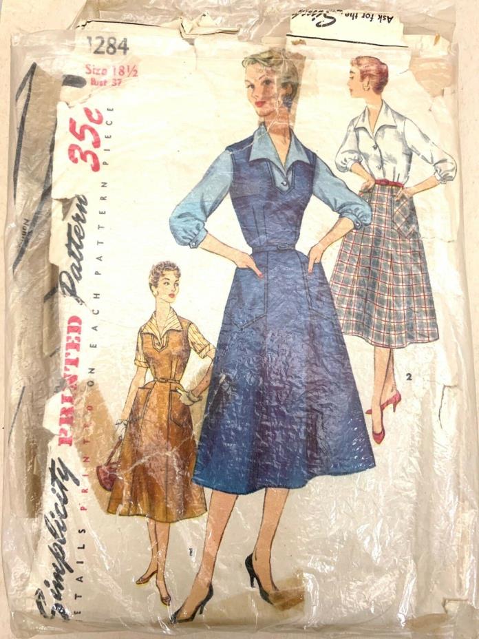 VTG Sewing Pattern Simplicity #1284 Size 18-1/2 Jumper, Skirt, Blouse 1955 Compl