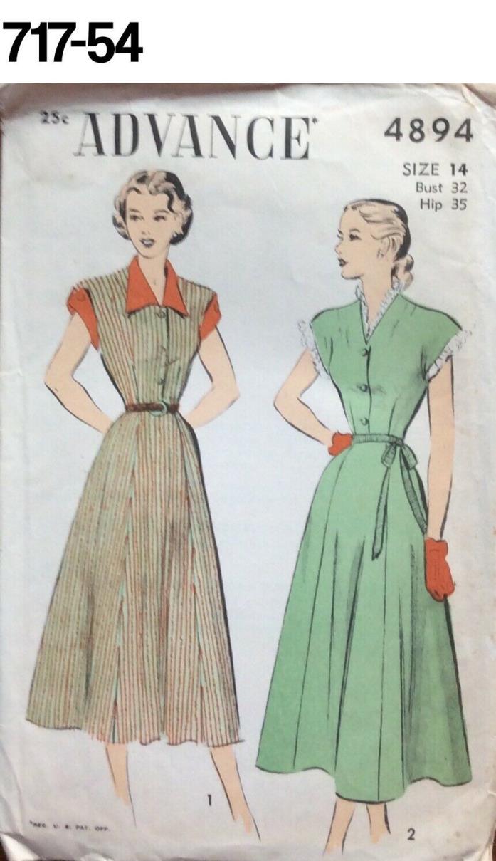 VTG Sewing Pattern Advance #4894 Size 14 Bust 32 Hip 35 Dress Late 1940s Day