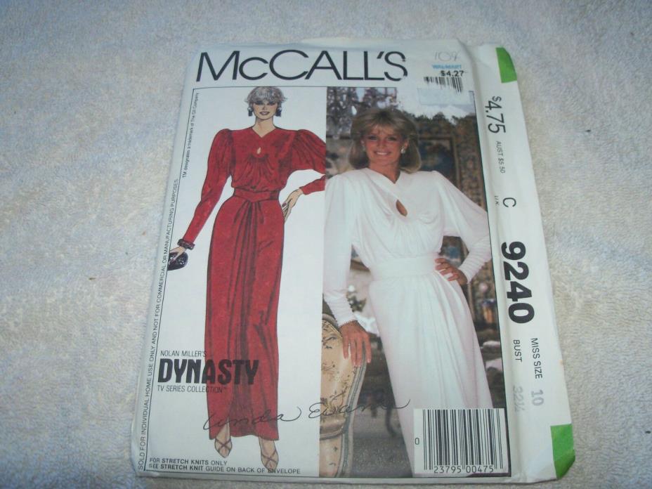McCALL'S PATTERN - 9240 LADIES DRESS FRONT KEYHOLE OPENING V BELT SIZE 10 UNCUT
