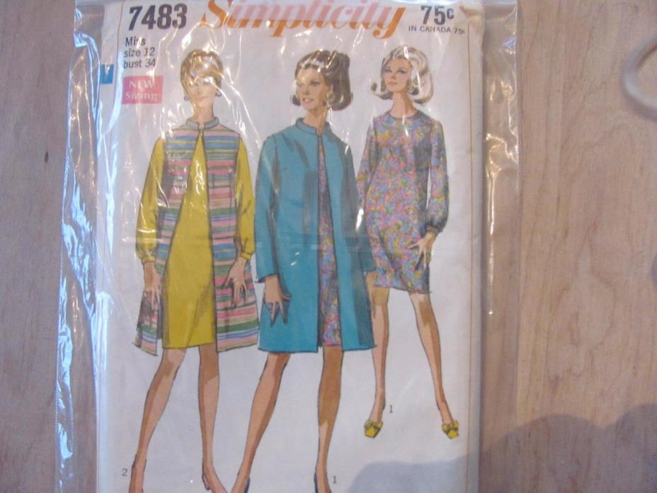 Simplicity Pattern Size 12 Bust 34  1960's Priced  75 cents 2 coats and dress