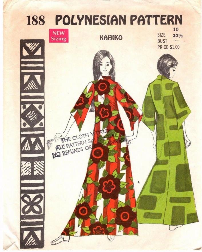 VTG Sewing Pattern Hawaiian Muu Muu Polynesian KAHIKO 10/32.5 1970's Fashion
