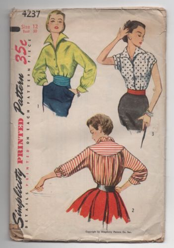 Vtg 1950s Blouse & Cummerbund Simplicity Sewing Pattern 4237 Sz 12 Bust 30