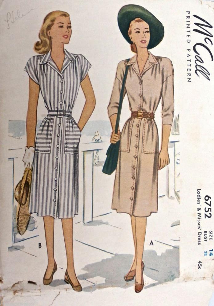 Vintage McCalls 1940s Sewing  # 6752 Button Down Dress Size 14 Bust 32