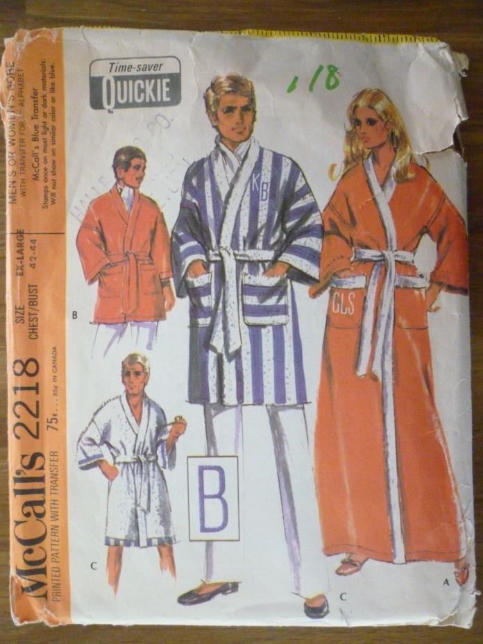 1969 McCall's Sewing Pattern #2218 Men's / Women's Extra Large Robe w/ Transfer